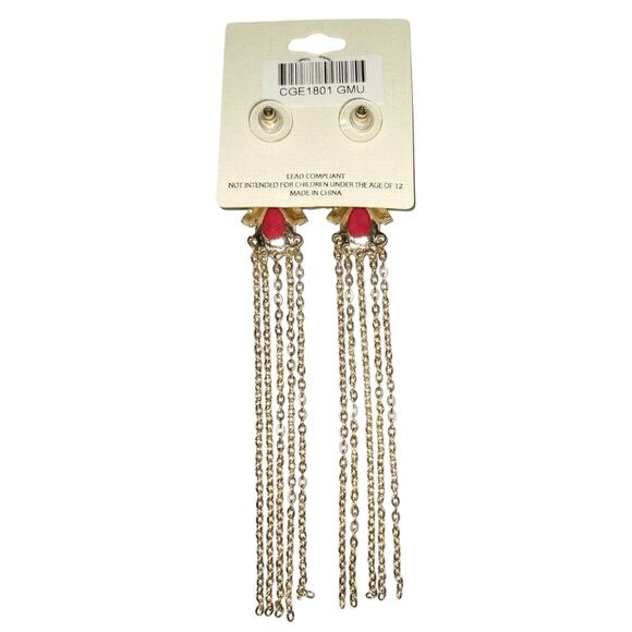 Mia Collection Long Gold Tone Chain Green Red Blue Faux Gemstone Earrings, 5" - Picture 3 of 6
